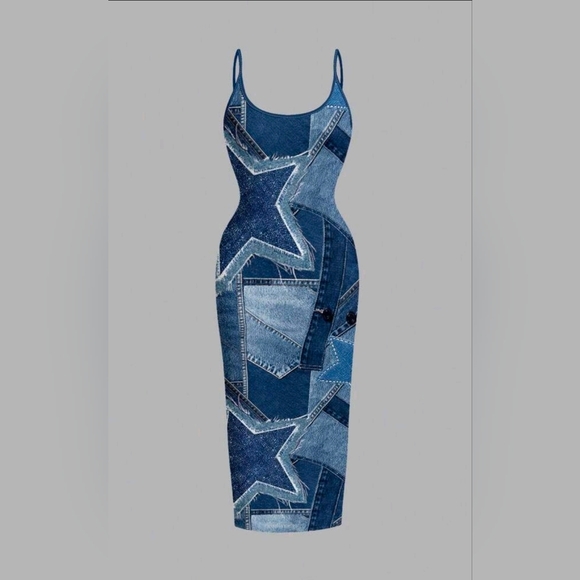 ROMWE Dresses & Skirts - Denim Print Patchwork Star Bodycon Dress